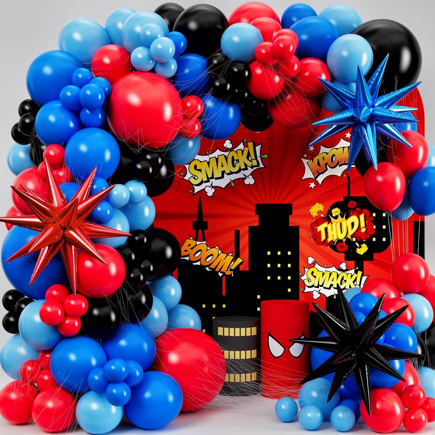 Balloon Arch Kit - Czarno-Czerwono-Niebieskie Balony Lateksowe Girlanda Motyw Pająka